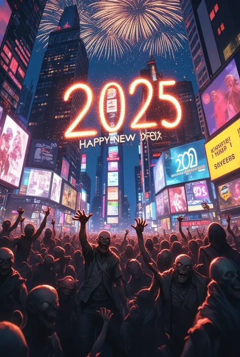  Zombies New Year,"2025happynewyear"の文字のfirework,Zombies , New York Times Square,2025,firework,豪華なfirework,Happy Zombies 