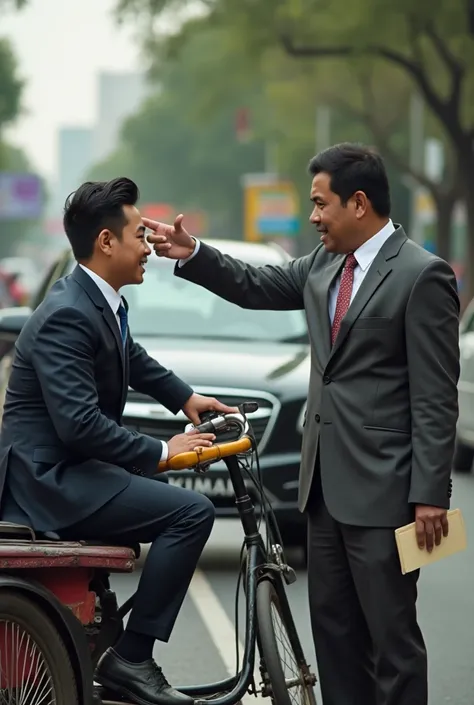 Si Tukang Becak dan Bos Besar"
"A rickshaw driver crashes into a luxurious car on a bustling street. The angry car owner, a well-dressed businessman, points at the dented car while the driver sheepishly smiles, holding a resignation letter in hand. A humor...