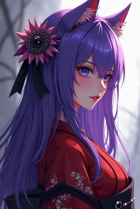  purple hair, woman with cat ears, oblique from the side and sharp slit from above、Blue eyes, red and black kimono, flashy hair ornament, hair 、 Long Straight