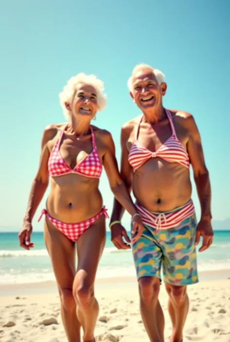 Some grandparents on the beach wearing bikinis