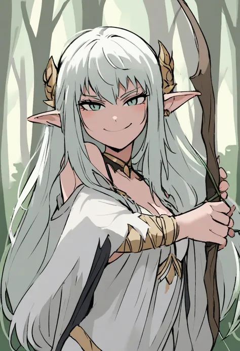 
 There is a woman with a bow and arrow in her hands, Dark Elf Maiden, Elven Warrior,  Elden Ring Elvens ,  elf girl , Drow Elf Woman , One Elf, The background is a forest,  smirking 