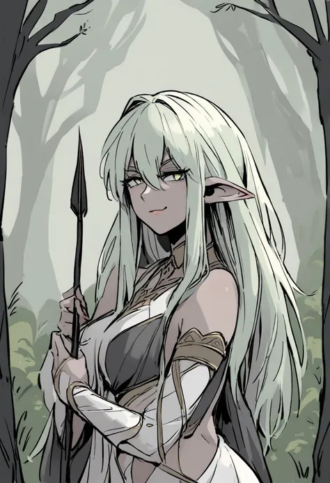  There is a woman with a bow and arrow in her hands, Dark Elf Maiden, Elven Warrior,  Elden Ring Elvens ,  elf girl , Drow Elf Woman , One Elf, The background is a forest,  smirking 