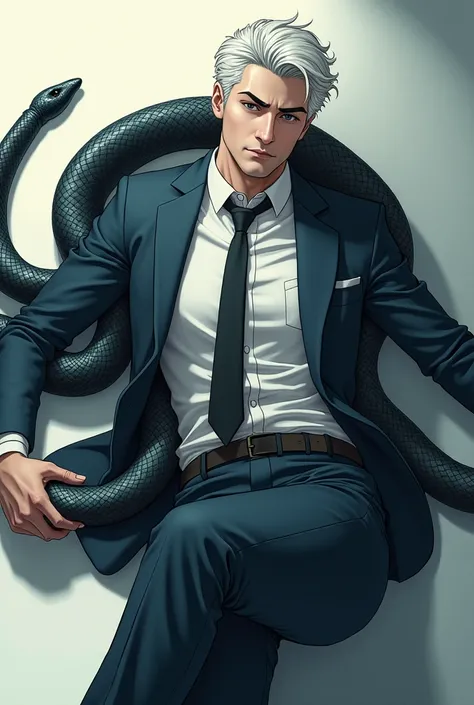 A white-haired man in a suit with a snake, lying on the floor, anime style, interesting angle request