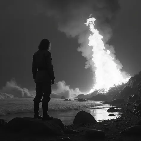 Black and white surreal photo , night coast view . A shoulder-length, shoulder-length man dressed in military uniform stands in awe looking at the huge fire burning next to him..