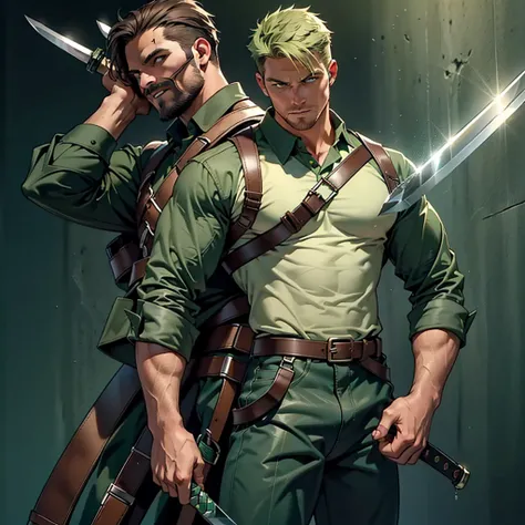 1 man, male focus solo,45 yo man,Stephen AMELL as green arrow,  lean muscle, ((open dark green shirt, dark green jeans with brown belt)) ,(( big bulge)), full body shot, dark blond short hair, well groomed facial hair, (((holding a sword with one hand))), ...