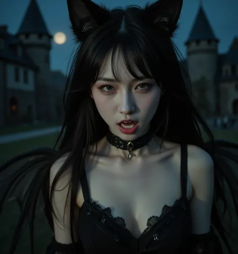 (((A female vampire)))、(((きれいな足)))、 Japanese、vampires 、 tattoo、((Kiva like a wolf:1.7))、(((Vampire Wings)))、 (((my double teeth are growing long)))、My two sharp teeth 、There is a fangs、very beautiful woman、 sexy dress、Background Western castle at midnight、...