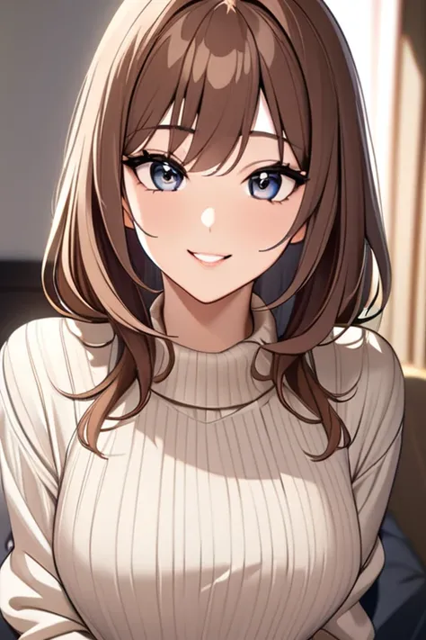 Highest quality, masterpiece High resolution masterpiece,Brown hair, Grey Eyes, smile, sweater, big eyes