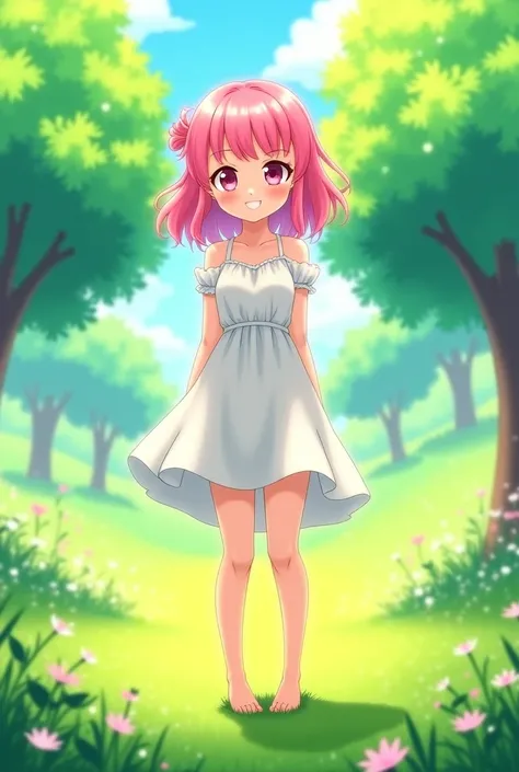 A girl, pink hair, smiling, white summer dress, standing, on grass, background is a park, in front, 2D anime style 