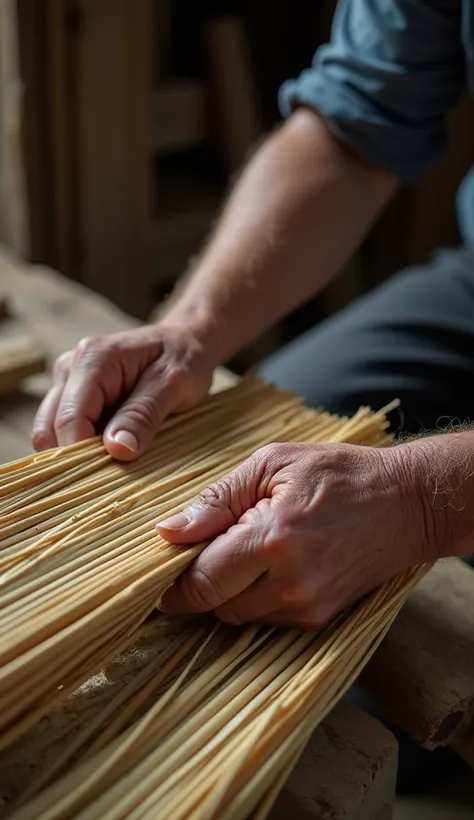 A close-up shot of an elderly villagers hands as they weave bamboo or prepare a traditional meal in a rustic kitchen. The hands are weathered but full of wisdom, capturing the essence of hard work and tradition.
