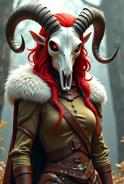 An elf druid  (donna) , pelle mulatta occhi dorati e capelli rossi,  wears leather armor with white fur inserts , a cape  ,  and a mask of a large goats skull  .Sulle spalle ha un furetto albino bianco con occhi rossi. stile anime 