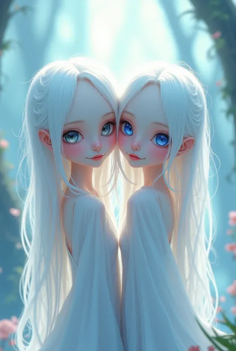 Two pale twins with white hair , one of them with gray eyes and the other with blue eyes animated style