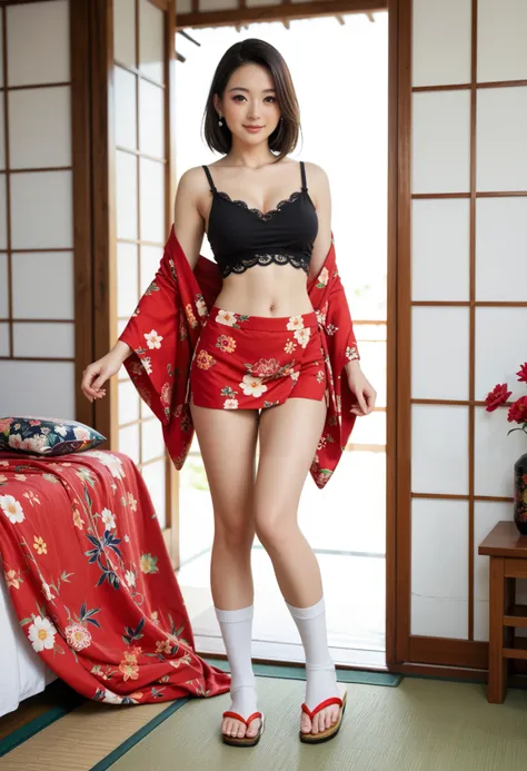  cute beautiful girl 、Cute beautiful mature woman、wear a haori robe with a vivid red floral pattern over a black camisole, (layering, separating robes and camisoles), haori robe with a vivid red floral pattern, open jacket-like kimono style, precise and co...