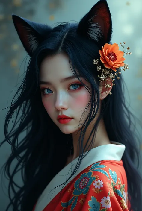 Black cat ears with long hair 、 cool hair ornament blue eyes staring sharply from the side、 bright flower patterned kimono woman with a beautiful vibe 