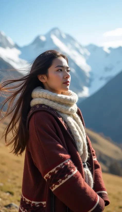 A young woman dressed in traditional woolen attire stands on a hill, looking at the distant snow-covered mountains. The wind blows through her hair, and the sun highlights the beauty of her serene face as she takes in the peaceful landscape.
