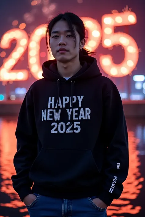 casual style Korean men, one with long hair in a ponytail, black and blue, wearing a black hoodie with the words "Happy New Year 2025" written in Indonesian in 3D embossed letters on the front with white accents on the hood and wrists, wearing jeans and th...