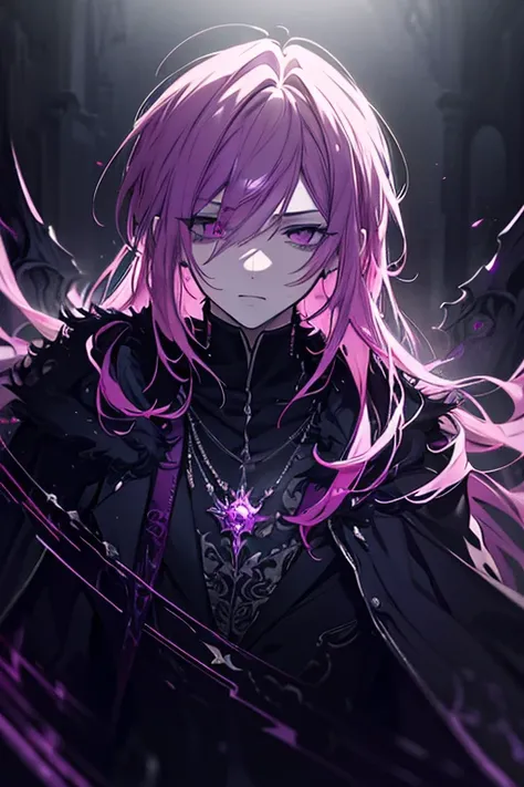 a beautiful boy with long pink and purple hair, extremely handsome, cool, dark and ominous aura, detailed face, intense gaze, intricate jewelry, flowing robe, dramatic chiaroscuro lighting, dark fantasy, digital painting, cinematic composition, moody color...