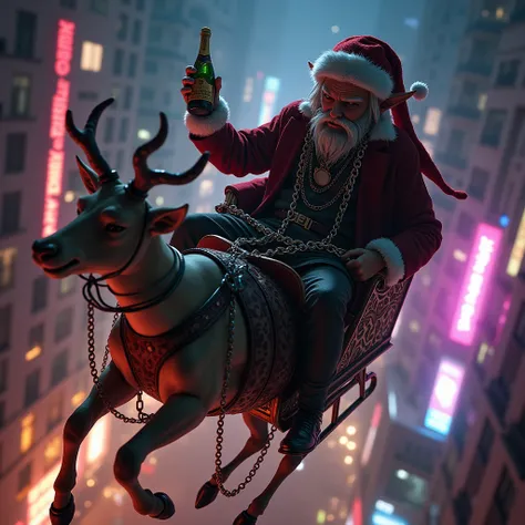 Santas baddie yang boy elf flies Over the nightclub a sleigh with deer with a bottle of champagne in his hands and big shiny chains around his neck 