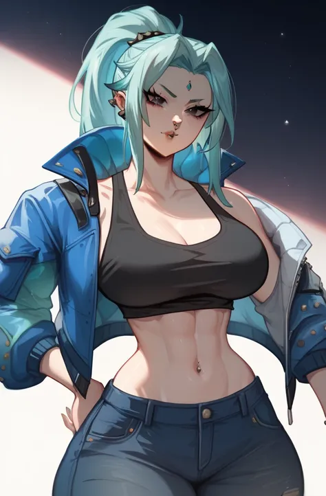  kvinner,Anime,Ponytail, Open forehead hairstyle , Short black tank top , Tank top waist , Covered with a blue jacket,Nose piercing ,Fresh piercing ,Sharp eyes,Big hips,Waist s,H cup breast, black eyes,ผิวสีหน้าตาล