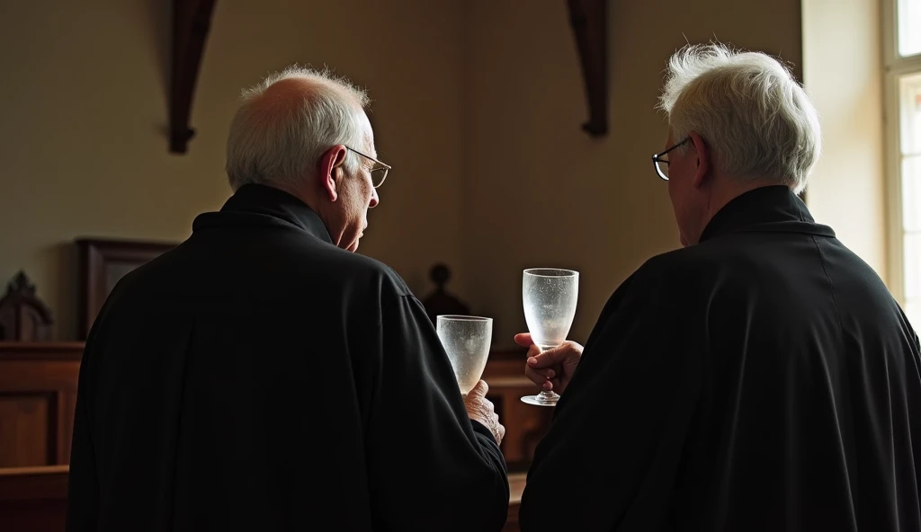  With their backs to the camera ,, Um padre idoso de cabelo branco  With their backs to the camera , wearing black tunic,  holding an empty ordinary glass cup with a smooth glass surface,  With their backs to the camera , in a simple chapel 