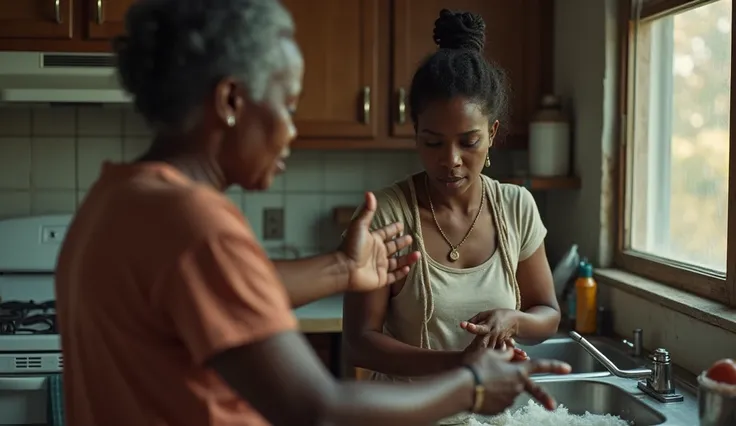 A real picture showing an unhappy young black woman, wearing poor clothes with cheapest bad hairstyle, cleaning kitchen utensils, in great anger and sorrow, on her left side standing a black woman of averaged years, forcing the young black woman to clean t...