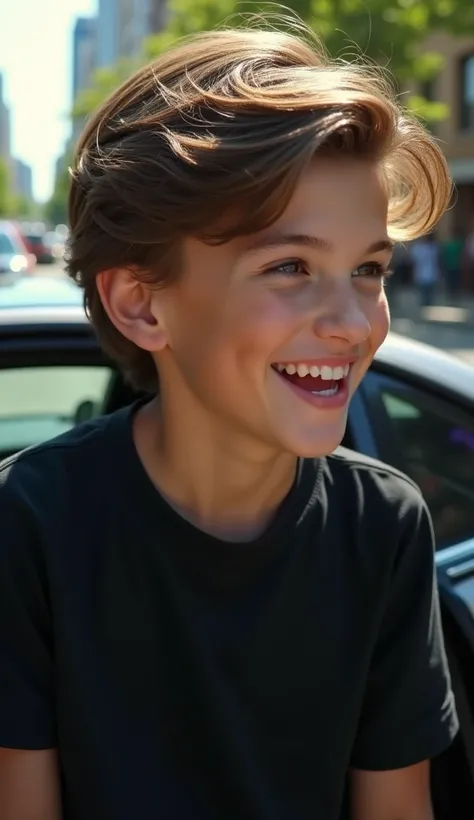 create a highly detailed photorealistic closeup image of a teenage boy wearing black shirt with silky hair stepping  out of his luxury car smilling in a city street.4k image, sunlight casting natural shadows. Ultra-detailed textures, cinematic composition,...