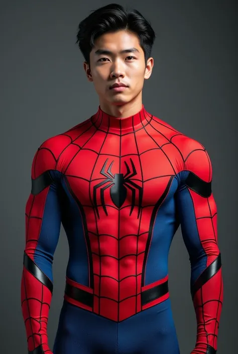 Handsome and sexy Korean teenager, teenager, young, male, wearing Spiderman costume while showing his sixpack abs, muscular, sixpack, young, front view, Korean idol, hot, very muscle, very horny biceps and triceps, photo realistic, realistic, 8k, UHD, sexy...