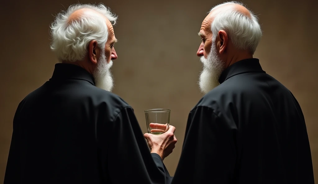  With their backs to the camera ,, An elderly priest with white hair and white beard, wearing black tunic,  holding an empty ordinary glass cup with a smooth glass surface,  With their backs to the camera ,