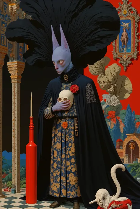  illustration of an anthropomorphic blue cat wearing gothic-style armor,  wears a long cape with floral motifs .  holds in one hand a skull .  next to the cat there is a long red vase ,  also a chess piece  (horse). Beautiful pillars ,  beautiful detailed ...