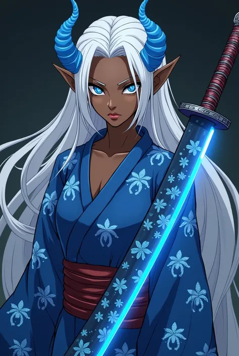 Old anime form: dark Brown skin woman with demon blue demon horns, demon clawed nails, with a serious expression, and white floor length hair, along with a blue glowing katana etched with blue spider lilies