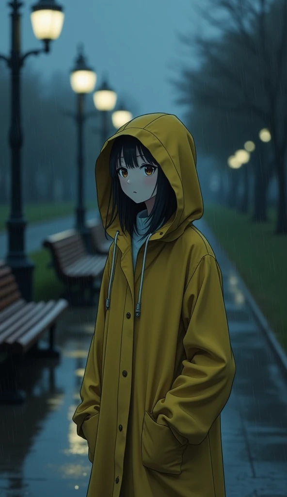 Rainy Anime Scene in a Quiet Park: Photography of a young woman, dressed in a yellow raincoat, standing alone in a deserted park as rain falls around her. The shot is taken from a close-up view, showing only the womans head and shoulders, which are tilted ...