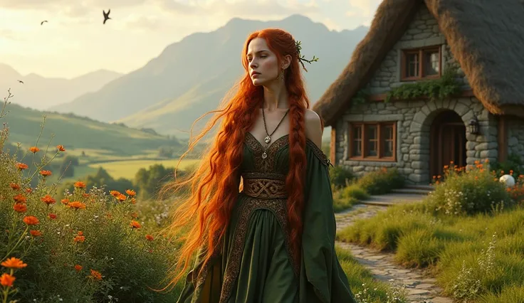 Create a hyper-realistic artwork of a stunning Celtic woman from the Celtic era, gracefully walking in front of a traditional Celtic house. She has long, flowing red hair adorned with delicate braids and small wildflowers woven throughout. Her attire consi...