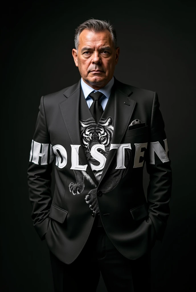 A picture of a man wearing a suit that says Holsten is big and has a black tiger