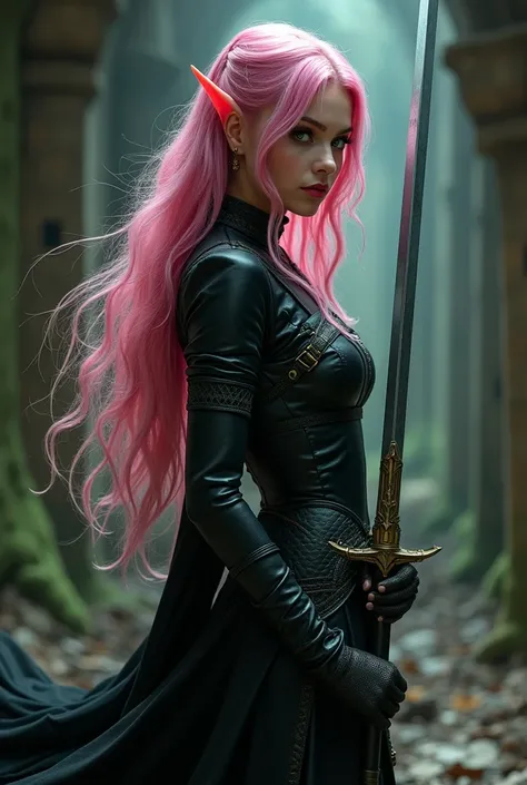 Prompt:
Side view, dynamic pose, beautiful, pink hair, female elf, brilliant green eyes, long hair, pink lipstick, dark black leather clothes, holding a magic sword, dungeon background, BREAK (((fully dressed) ))