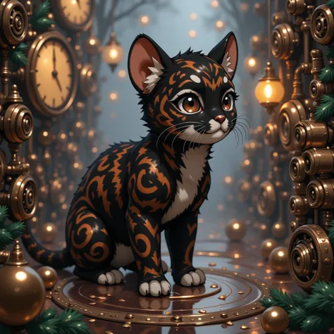 christeamal, steampunk christmas cloth, Sumatran clouded leopard with black and brown color palette
