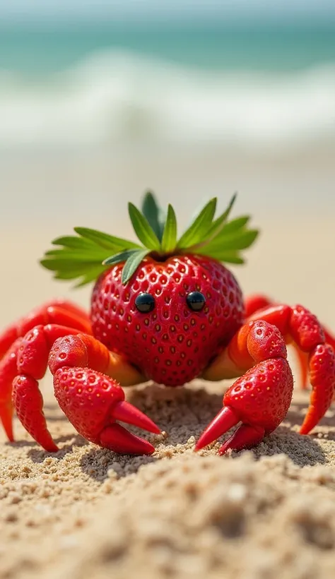 Hybrid Image: A fusion of the crab and strawberry. The crab’s body is entirely made of a strawberry, with the texture of the strawberry covering its shell. Its pincers and legs are also transformed into smaller strawberry segments. The green leaves of the ...