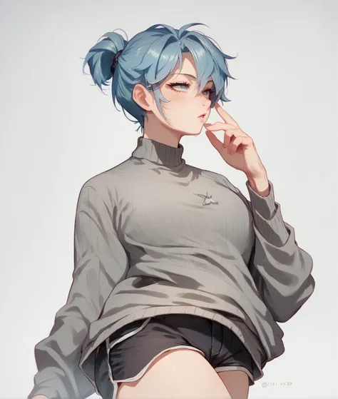  kvinner,Anime, Grey Sweater, Black Shorts ,Blue Tomboy Hairstyle ,