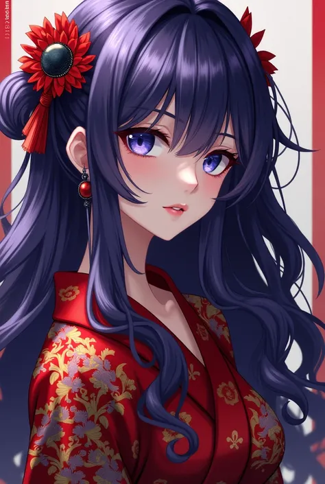 Woman with purple hair, straight, long curls, blue eyes 、 sharp, obliquely staring sideways, red and black kimono, bright flower pattern, flashy hair ornament, mysterious vibe