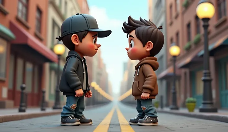 A 3D image of A  cartoon man(tall and scruffy, wearing a dark jacket and a cap. You always look overconfident and careless) and
A cartoon man( shorter with a nervous face, wearing a brown hoodie and ripped jeans. You look cautious but easily frustrated.)ar...