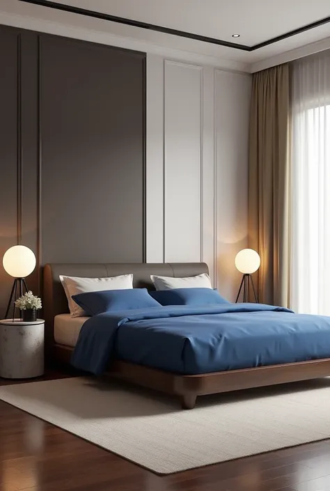 Architectural professional 3D rendering of the interior design of the  elegant and so minimal and so modern bedroom in a very modern and very minimal style and the bed in dark wood and the bedspread in sapphire blue and the dark wood laminate floor and the...