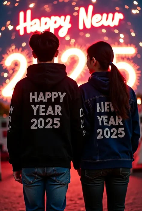 2casual Korean men, one with long hair in a ponytail, black and blue, wearing a black hoodie with the words "Happy New Year 2025" written in Indonesian in 3D embossed letters on the front with white accents on the hood and wrists, wearing jeans Ripped at t...