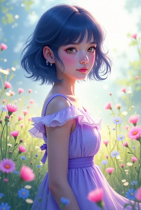 A girl with short dark blue hair and light brown eyes, wearing a lilac summer dress.