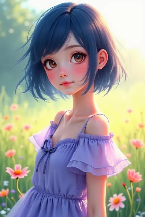 A girl with short dark blue hair and light brown eyes, wearing a lilac summer dress.