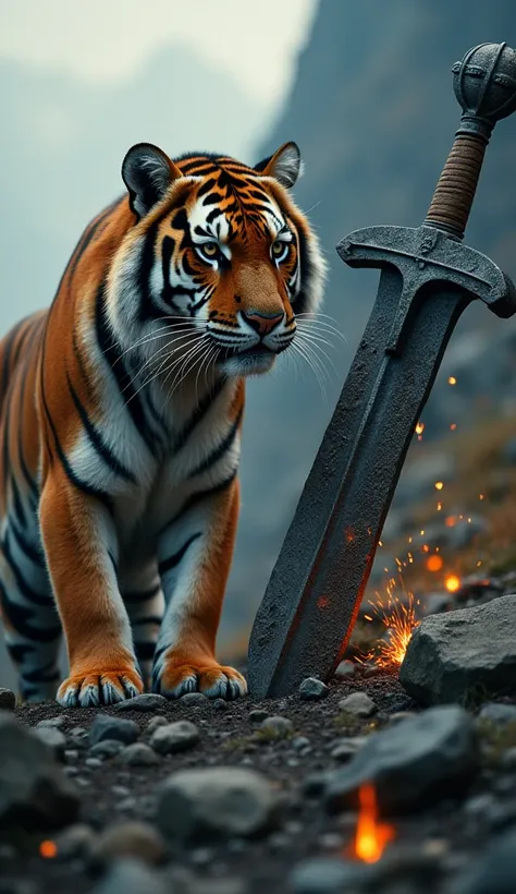 Composition: Create a cinematic scene featuring a powerful tiger and a rugged, ancient piece of iron. Both elements should share a bold, metallic and fiery color palette, evoking strength and raw energy. The tiger, with a glint of light reflecting off its ...