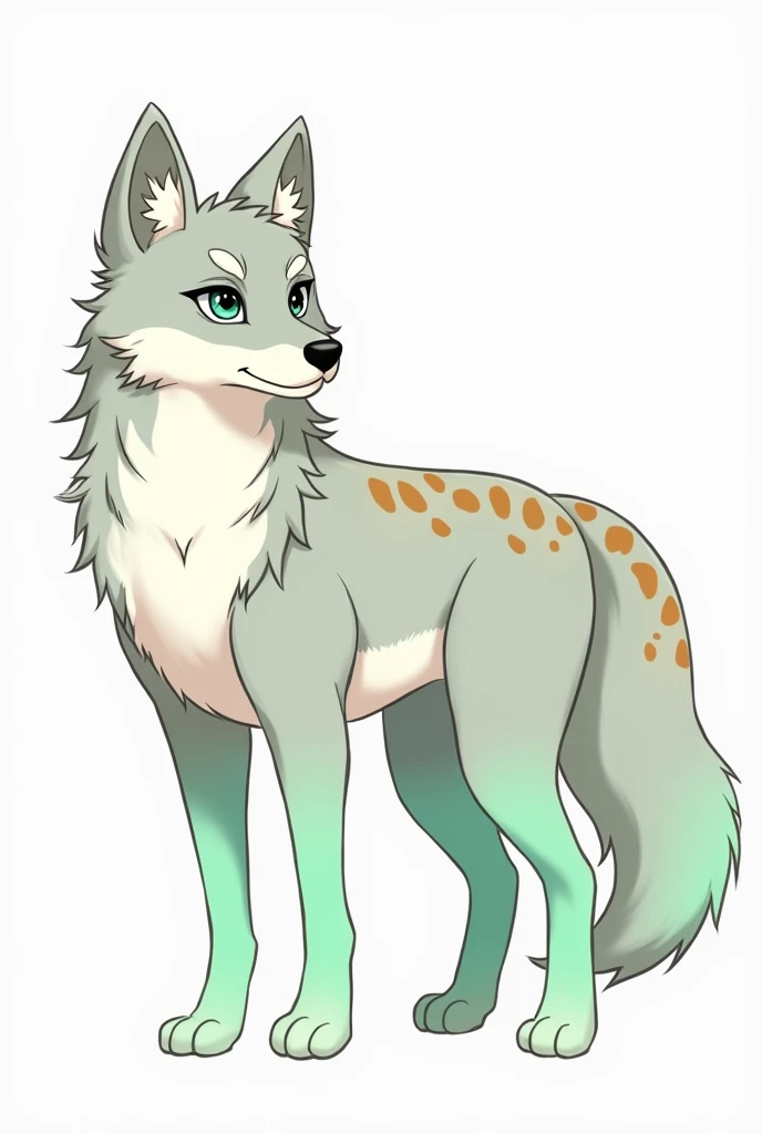  Draw a reference sheet of a fursona to make a fursuit ,  I want you to mix a wolf and a fox , For its base color to be gray ,  add light brown spots on its back,  besides that their legs are mint green  