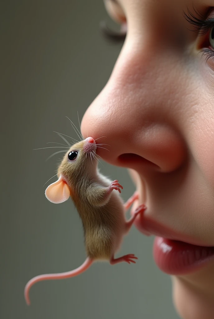 A mouse is about to get into a persons nose, seen in close-up.