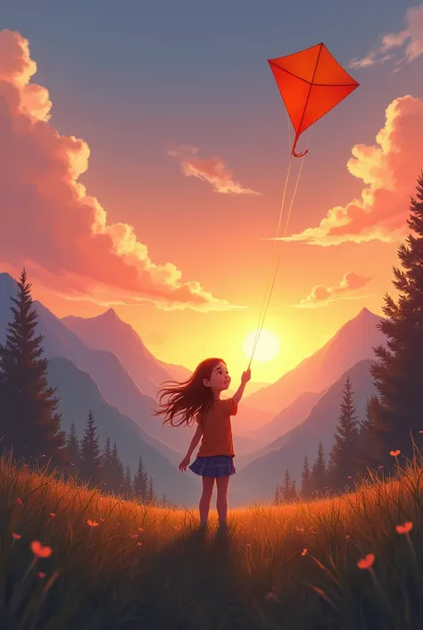 A sunset in the middle of the mountains , With a girl who has an orange kite clutched by both of her hands you can see trees and grass that the breeze has given them