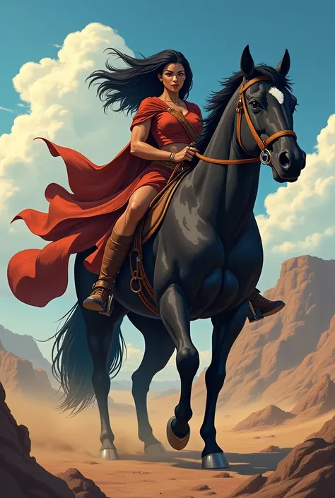 An anime depicting a strong black woman riding a big dark horse