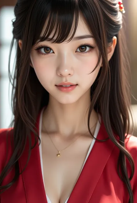 a close up japanese girl, black air, red dress hime air