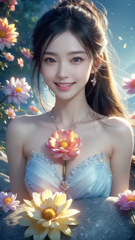 (最 High Quality :1), ( High Quality :1),  Details/(Extreme, Very, Ultra/),  realistic,  Studio Lighting ,  vivid colors,  1 girl/( beautiful, Delicate, perfection/), face, chest/( clevis on a stone/),  depth of writing,  looking , 笑face, flower,  show your...