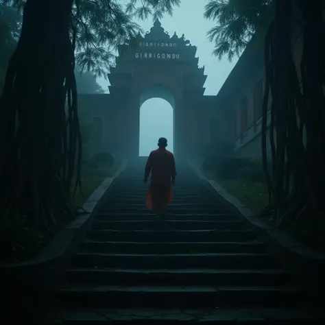  Picture a man in traditional Javanese dress walking up the steps towards a building with a gate like a temple inscribed GIRIGONDO.  There is a lot of fog ,  a creepy atmosphere at night .  Next to the stairway overgrown with trees with wide roots ,  and t...